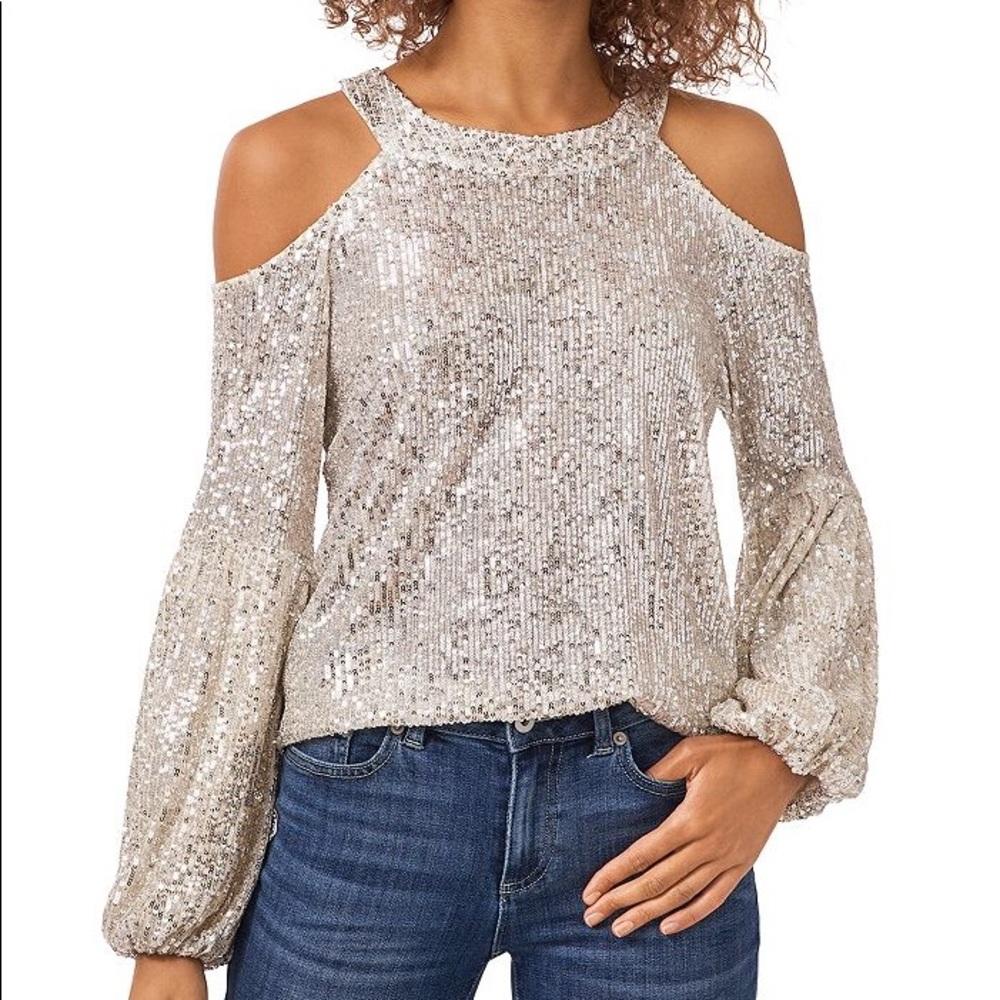 Cece sequin cold shoulder top NWT XL silver sequins